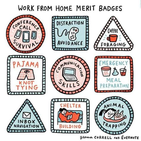 Work From Home Merit Badges (cartoon) Gemma Correll, Logo Cartoon, Merit Badge, Simple Line Drawings, Illustration Agency, Evernote, Badge Design, Comic Illustration, Freelance Illustrator