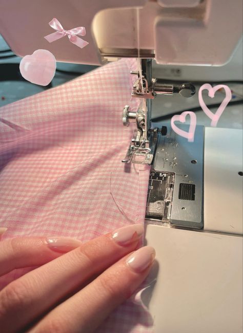 Pink Fashion Designer Aesthetic, Sewing Process Aesthetic, Pink Sewing Aesthetic, Sewing Aesthetic Pink, Girl Sewing Aesthetic, Sewing Athstetic, Simple Hobbies, Sewing Aesthetics, Pink Sewing Machine