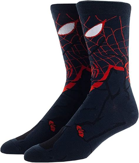 Spiderman Socks, Spiderman Comic Books, Wardrobe Men, Miles Spiderman, Miles Morales Spiderman, Mens Crew Socks, Superhero Characters, Miles Morales, Calf Socks