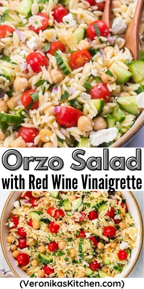 Salad with orzo, cherry tomatoes, cucumbers, chickpeas, and feta cheese. Red Wine Vinaigrette Pasta Salad, Red Wine Vinegar Pasta Salad, Red Wine Vinegar Recipes Dinners, Costco Orzo Salad Recipe, Orzo Salads, Orzo Feta, Lemon Orzo Salad, Orzo Dishes, Feta Pasta Salad