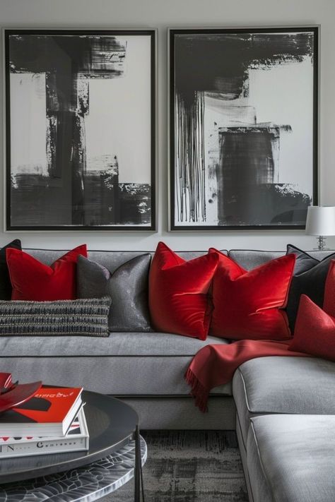 Gray Blue Red Living Room, Grey Home Decor Ideas, Red Accents Living Room, Grey And Red Living Room, Dramatic Decor, Couch Grau, Red Living Room, Style Tricks, Light Gray Sofas