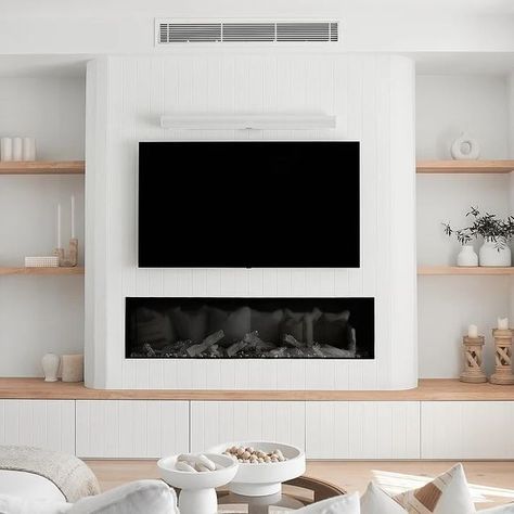 Cladded Tv Wall, Tv Gas Fireplace Wall Ideas, Tv Fireplace Cabinet, Build In Tv Cabinet Wall Units With Fireplace, Tv Unit In Niche Wall, Modern Mediterranean Tv Wall, Inbuilt Cabinet Living Room, In Built Tv Unit, Tv Cabinetry Built In