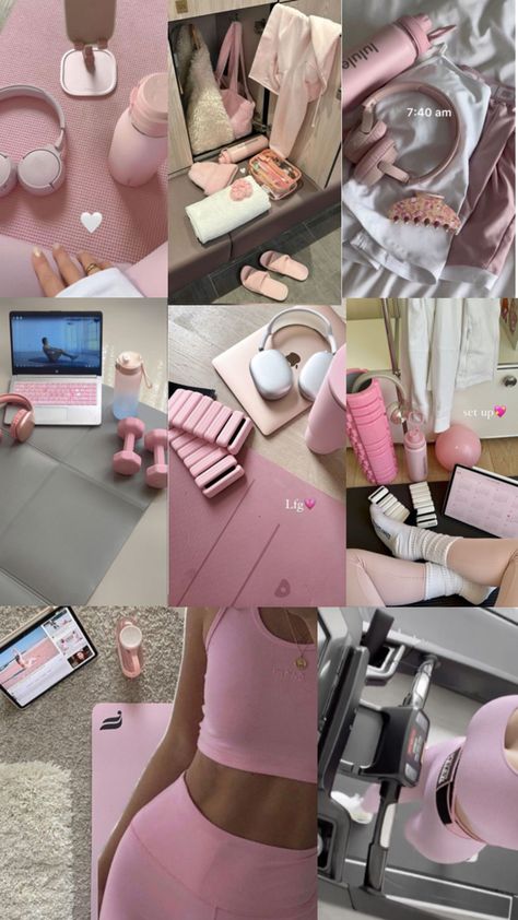 Pink workout aesthetic 🎀💕🤸 Workout Aesthetic Pink, Pink Workout Aesthetic, Workout Supplies, Workout Outfits Aesthetic, Fitness Vision Board, Pink Gym, Pink Lifestyle, Musa Fitness, Fits Aesthetic