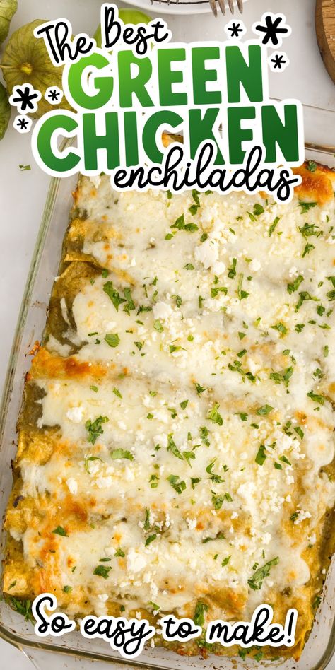 Green chicken enchiladas are packed with so much flavor, with a hint of heat, and is an easy Mexican dinner that's ready in just 45 minutes. Plus, they freeze and reheat well, so make a big batch for later! Best Green Chicken Enchiladas, Green Chili Chicken Enchiladas Corn Tortillas, Hatch Green Chili Enchiladas, Small Batch Chicken Enchiladas, Authentic Green Chili Chicken Enchiladas, Keto Green Chili Chicken Enchiladas, Easy Enchiladas Verdes, Smothered Green Chili Burritos, Green Chicken Chili Enchiladas