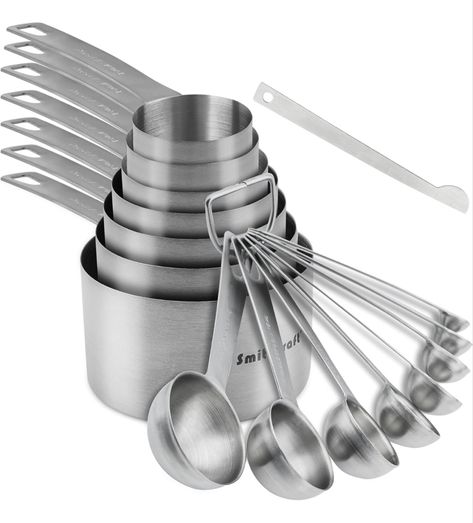 Measuring Cups and Spoons Set, Stainless Steel Measuring Cups, 18/8(304) Material Heavy Duty 7 Measuring cups and 8 Measuring Spoons 1 Leveler and 2 rings Pack 18pcs Per set Dry Measuring Cups, Baking Measurements, Stainless Steel Measuring Cups, Measuring Cups And Spoons, Measuring Cups & Spoons, Measuring Cups Set, Measuring Tools, Baking Set, Culinary Skills