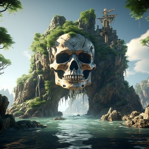 Pirate Island Art, Pirate Island Concept Art, Pirate Port, Captain Quarters, Pirate Tattoo Ideas, Skeleton Island, Mansion Castle, Ship Pirate, Pirate Cove