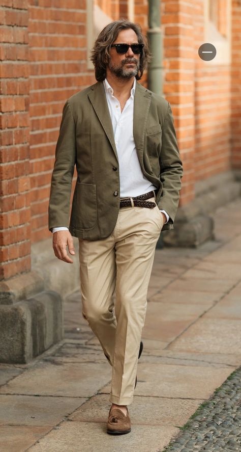 Green And Beige Mens Outfit, Men’s Summer Blazer, Mens Summer Formal Outfits, Light Brown Blazer Outfit Men, Men Dressed Up, Olive Blazer Outfit Men, Tan Sports Coat Outfit Men, Formal Summer Outfits Men, Summer Blazer Outfits Men