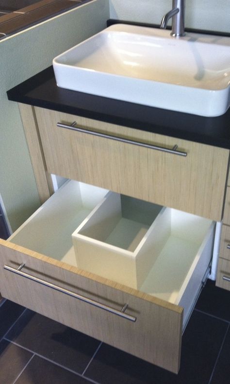 notched vanity drawer to accommodate P-trap Washroom Cupboard, Washroom Vanity Designs, Shelves Interior Design, Modern Home Decor Kitchen, Washroom Vanity, Washbasin Cabinet, Bathroom Unique, Kitchen Open Shelves, Vanity Drawer