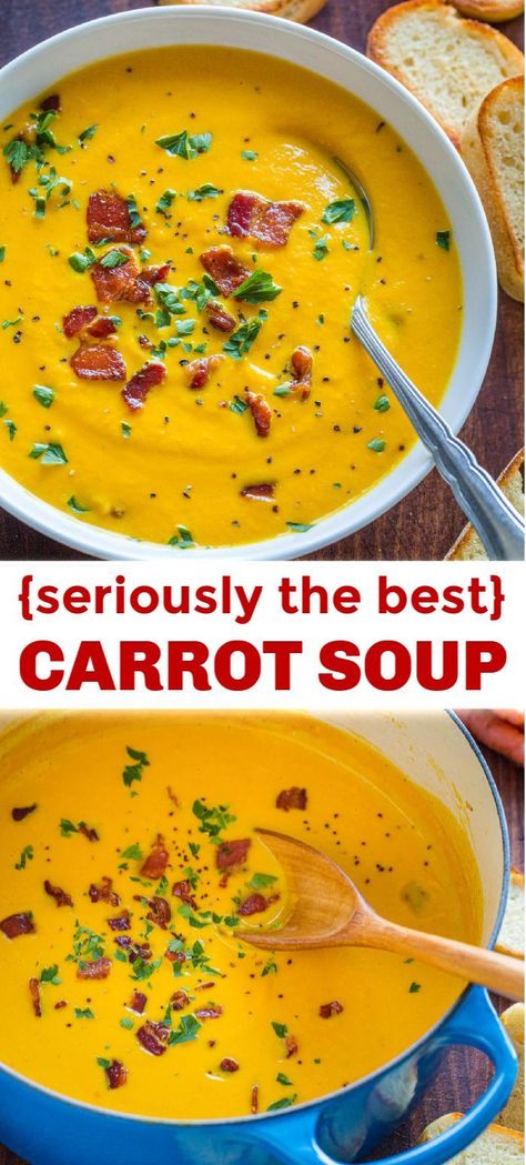 How to make the best carrot soup recipe. This is a creamy carrot soup that tastes restaurant quality. Learn the secret to making the best creamy soup. #carrotsoup #creamycarrotsoup #carrot #carrotrecipe #carrotsouprecipe #soup #natashaskitchen #recipe Roasted Carrot Soup Coconut Milk, Creamy Roasted Carrot Soup, Soup Recipes Carrot, Red Onion Soup Recipes, Roasted Carrot Ancho Soup, Blended Carrot Soup, Carrot And Onion Soup, Ways To Make Carrots, Roasted Carrots Soup