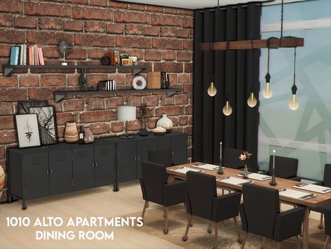 Sims 4 Dinner Room, Sims 4 Cc Dinner Room, Sims Dining Room Ideas, Industrial House Interior, Sims 4 Dining Room, Sims 4 Apartment, Modern Living Room Black, Sims4 Furniture, Dinig Room