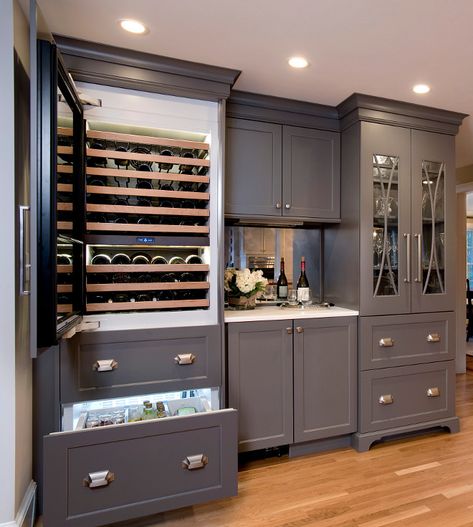 Kendall Charcoal Benjamin Moore Kitchen Kendall Charcoal HC-166 by Benjamin Moore Kendal Charcoall Benjamin Moore Kitchen paint color #KendallCharcoalBenjaminMoore #BenjaminMoore #Kitchen Tall Wine Fridge, Benjamin Moore Kendall Charcoal, Kitchen Cabinets Painted Grey, Traditional Kitchen Remodel, Kendall Charcoal, Kitchen Pantry Cabinets, Kitchen Paint Colors, Kitchen Reno, Kitchen Paint