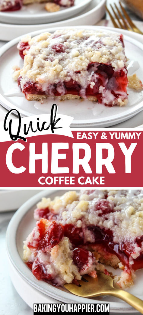 Quick Cherry Coffee Cake, this easy to make coffee cake recipe has been passed down through generations. Your family will love it, too! Amish Cherry Pie Coffee Cake, Best Breakfast Coffee Cakes, Cherry Breakfast Cake, Easy 8x8 Desserts, Easy Cherry Coffee Cake Recipes, Cherry Coffee Cake Recipes Pie Fillings, Cherry Filling Recipes Canned, Upside Down Cherry Cake, Coffee Cake Made With Box Cake