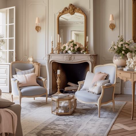 A pastel decor - Gilded Mirror above a fireplace, beige paneled walls, vintage seating chairs upholstered with rich intricate fabric in pastel blue shade, old world charm and coziness  come together in this beautifully styled living room. Vintage Classic Living Room, French Classic Interior Design, Parisian Modern Bedroom, French Classic Interior, Parisian Style Living Room, French Provincial Living Room, French Living Room Decor, Classic Interior Design Luxury, Parisian Modern