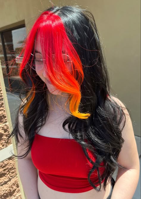 Hair Colors Vibrant, Black And Neon Orange Hair, Red Hair With Yellow Tips, Fire Dyed Hair, Emo Orange Hair, Fairy Hair Colors, Black Hair With Vivid Color, Colorful Streaks In Hair, Purple And Red Hair Ideas