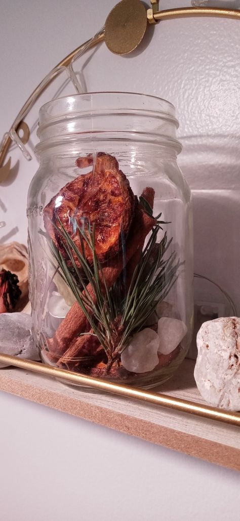 ~ Altar Jar for yule 🧙🏼‍♀️ pine, dried oranges, cinnamon sticks, white candle, quartz, and rosemary ~ Yule Altar In A Jar, Altar In A Jar, Yule Altar, Candle Quartz, Manifesting Life, White Candle, Dried Oranges, White Candles, In A Jar