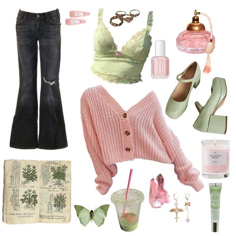 Aphrodite Aesthetic Outfit Pink, Spring Lookbook Outfit Ideas, Zeldacore Outfits, Picnic Core Outfit, Easy Kpop Outfits To Recreate, Cute Outfit Ideas Y2k, Green And Pink Fits, Howl Outfit Aesthetic, Y2k Soft Outfits