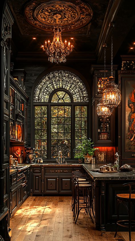 Gothic Kitchen Ideas: Dark Wood, Chandeliers, Medieval Decor Kitchen Dark Wood Cabinets, Gothic Kitchen Ideas, Kitchen Dark Wood, Dark Architecture, Gothic Home Decor Ideas, Gothic Interior Design, Kitchen Dark, Gothic Kitchen, Gothic Mansion