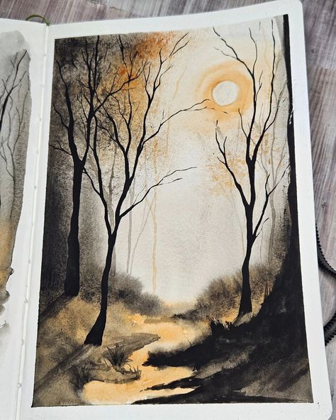 Happy Halloween! Painted this in my journal last night with my new favorite color....Quinacridone Burnt Orange...and I love all the spooky vibes it gives! I hope everyone has a great day! . . . . . . . . . #halloweenart #halloween #spookyart #spookyseason #watercolorart #watercolor #atmosphericpainting #landscapepainting #landscape #naturescene #natureart #naturepainting Halloween Watercolor Painting, Spooky Watercolor, Horror Drawing, Watercolor Gouache, Drawing Watercolor, My Journal, Spooky Vibes, Watercolor Inspiration, Nature Paintings