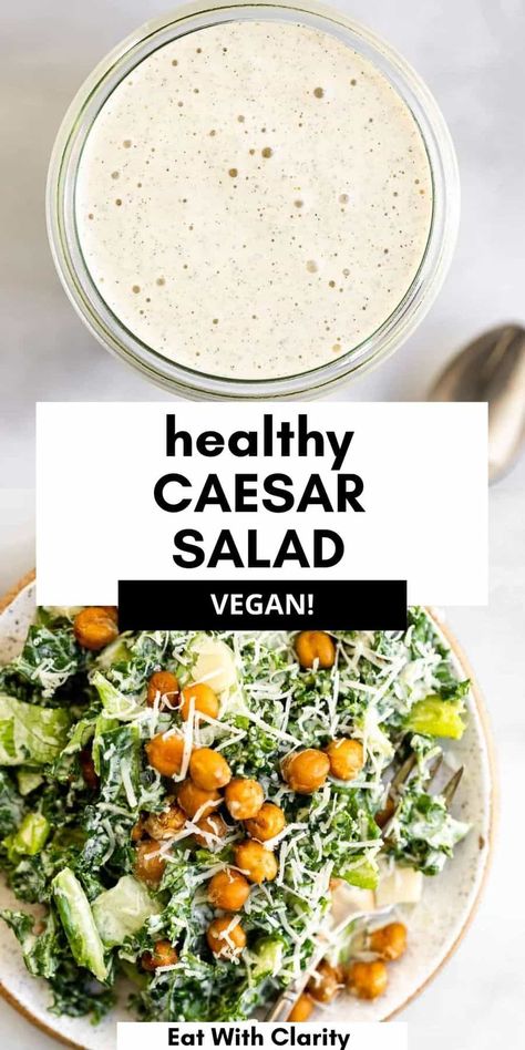 This vegan caesar salad is made with kale and romaine, crispy chickpea croutons, and a hemp seed based caesar salad dressing. This healthy vegan salad is perfect as a side dish or healthy gluten free lunch. Chickpea Ceaser Salad, Vegan Gluten Free Summer Recipes, Gf Df Salad, Vegan Ceasar Dressing, Vegan Ceasar Salad, Chickpea Croutons, Vegan Caesar Salad Dressing, Healthy Caesar Salad, Awesome Salads