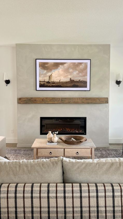 Beside Fireplace Wall Decor, Limewash Fireplace Mantle, Electric Fireplace Hallway, Tv Build Out With Fireplace, Large Wall With Fireplace, Drywalled Fireplace Ideas, Fireplace Tv Wall Brick, Modern Organic Tv Wall, Tv Room With Fireplace