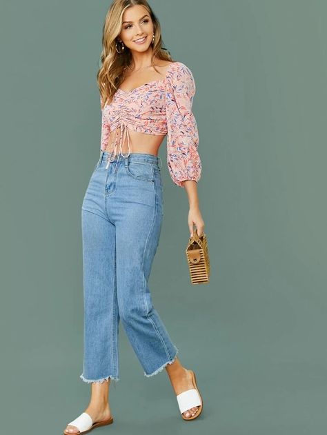 Pretty Tops, Marina Laswick, Pretty Top, Crop Blouse, Lantern Sleeve, Office Outfits, Lantern Sleeves, Three Quarter, Mom Jeans