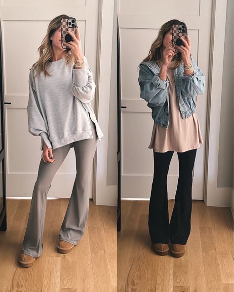 Legging Flares Outfit, Velour Flare Pants Outfit, Athleisure Outfits Flare Leggings, Lazy Style Outfits, Leggings Dressed Up, Maternity Flare Leggings Outfit, Fall Athleisure Outfits 2024, Modest Leggings Outfit, Work Outfit Leggings