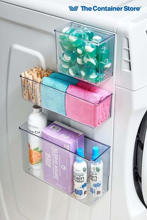 Designed to attach to your washer or dryer, these magnetic bins turn unused space into convenient storage. Organize laundry supplies and eliminate clutter. Everything remains easy to find, thanks to clear plastic construction. To keep the look clean, the white back panel conceals magnets. Organize Laundry, Lint Bin, The Container Store, Laundry Supplies, Container Store, Room Accessories, Clean Laundry, Washer And Dryer, Clear Plastic