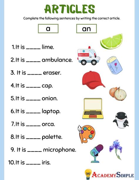 #academysimple, #worksheets, #printable, #primaryschool, #elementaryschool, #academia, #kidsactivities, #activitiesforkids, #cram, #homeschooling, #educationalresources, #download, #pdf, #practice, #learning, #studentfocusededucation, #education, #articles, #articlesinenglish, #aoran, #a-an, #learningenglish, #englishgrammar English Language Learning Activities, Preschool Counting Worksheets, Articles Worksheet, Preschool Activity Books, Kindergarten Math Worksheets Free, Reading Comprehension For Kids, English Grammar Exercises, Reading Comprehension Kindergarten, Kindergarten Phonics Worksheets