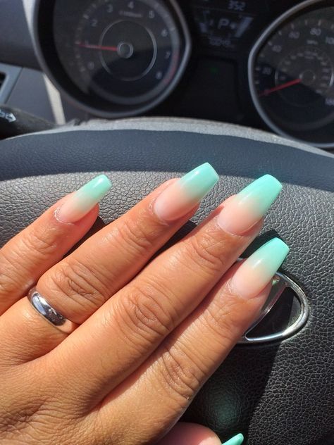 Blue Ombre Summer Nails, Matte Turquoise Acrylic Nails, Teal Blue Ombre Nails, Teal Nails Ombre, Blue Dip Ombre Nails, Cute Teal Nails Acrylic, Spring Color Ombre Nails, Turquoise Nails Acrylic Short, Matte Teal Acrylic Nails