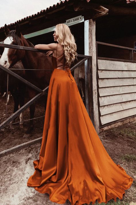 Burnt Orange Satin Prom Dress, Copper Orange Dress, Amber Prom Dress, Orange Brown Dress, Prom Dresses Orange Burnt, Burnt Orange Grad Dress, Dark Orange Prom Dress, Burnt Orange Dress Outfit Wedding, Horoscope Photoshoot