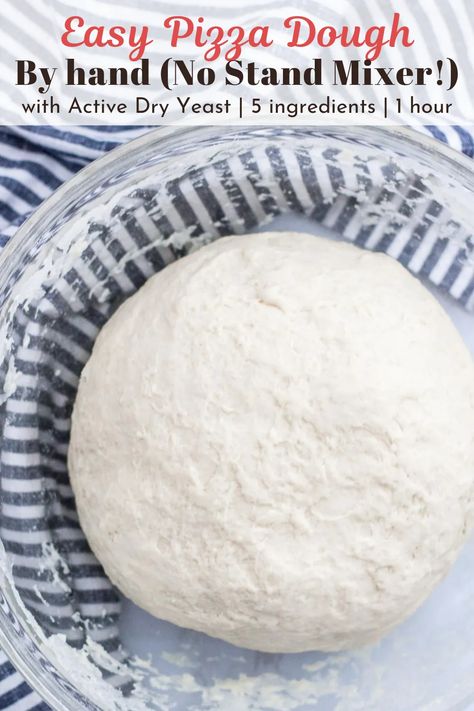 Are you looking for a quick and easy pizza dough recipe by hand? No fancy stand mixer at home? You never made a pizza dough before? NO problem! All you need is 5 ingredients (water, sugar, active dry yeast, flour & salt) and 1 hour! And you got yourself a perfectly delicious and easy pizza dough that will wow pizza night! This is a versatile, simple, and tasty recipe. Step-by-step photos and instructions included! #pizzadoughrecipe #easypizzadough #pizzadoughbyhand Pizza Dough Recipe No Mixer, Pizza Dough Recipe Active Dry Yeast, Quick And Easy Pizza Dough, Pizza Dough Recipe Quick, Easy Pizza Dough Recipe, Quick Pizza Dough, No Yeast Pizza Dough, Perfect Pizza Dough, Making Pizza Dough