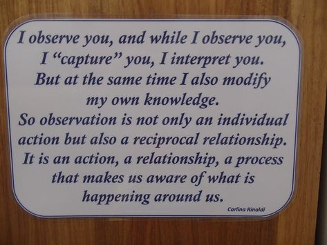 Quote from Carlina Rinaldi - what observation is all about from Working in the Reggio Way - Julianne Wurm Reggio Quotes, Observation Quotes, Documentation Ideas, Reggio Documentation, Early Childhood Quotes, Preschool Quotes, Aa Milne, Montessori Quotes, Emergent Curriculum