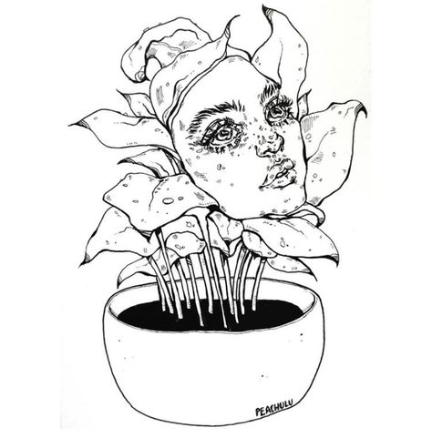 Plants With Faces Drawings, Flowers With Faces Tattoo, Creepy Plants Drawing, Flowers With Faces Drawing, Confession Drawing, Quirky Drawings, Human Face Drawing, Arte Grunge, Graphic Novel Art