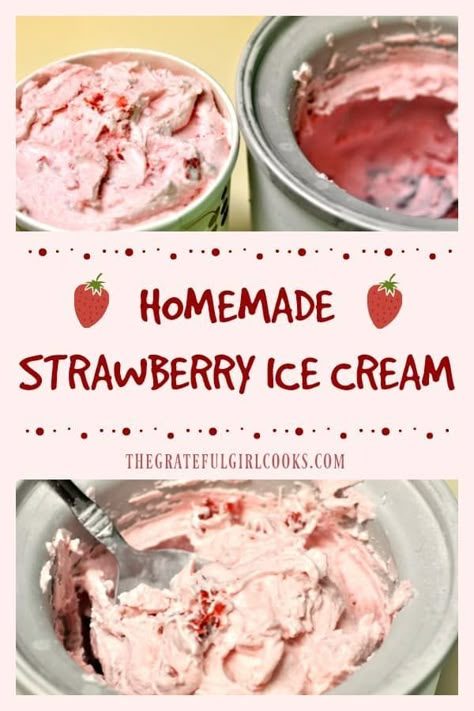 Thick, cold and creamy homemade strawberry ice cream is packed with fresh strawberries and is the perfect dessert treat, any time of year! via @gratefuljb Kitchen Aid Ice Cream Recipes, Homemade Ice Cream Recipes Machine, Kitchen Aid Ice Cream, Homemade Strawberry Ice Cream, Strawberry Ice Cream Recipe, Ice Cream Recipes Machine, Cuisinart Ice Cream Maker, Cuisinart Ice Cream, Ice Cream Maker Recipes