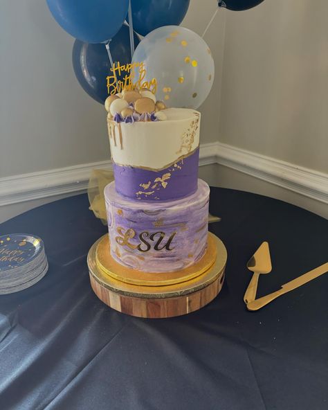 Birthday cake for an LSU fan . . . . . . . #birthdaycake #birthday #celebration #artfulcakerybyjulie #lsu #purpleandgold #buttercream #dripcake #northgeorgiacakedecorator #flowerybranch #hallcounty #tieredcake #lsucake Lsu Cake, Lsu Graduation, Lsu Fans, Two Tier Cake, Cakes For Men, Graduation Cakes, North Georgia, Drip Cakes, June 17