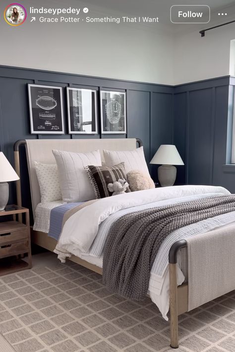 Navy Bed, Navy Bedding, Shiplap Wall, Statement Wall, Boys Bedroom, Boy's Bedroom, Ship Lap Walls, Home Projects, Navy