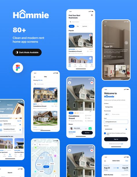 Hommie - Real Estate App UI Kit — Figma Resources on UI8 Real Estate Mobile App Ui Design, 3d Website, Real Estate App, House App, Ui Design Mobile, Mobile Ux, App Design Layout, Card Ui, App Ideas