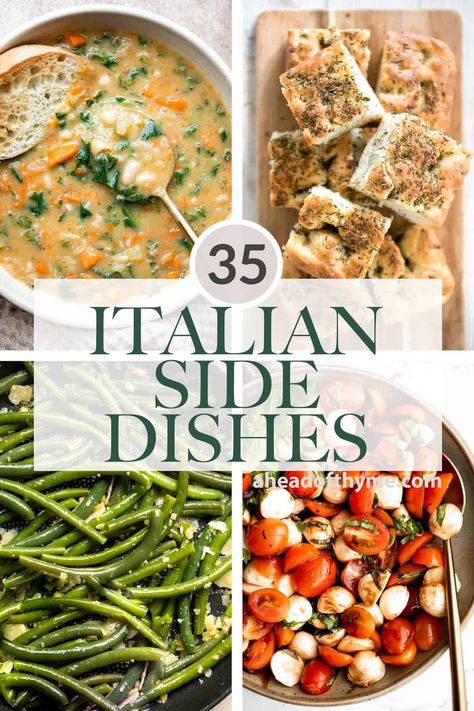 35 Best Italian Side Dishes - Ahead of Thyme Italian Christmas Dinner, Italian Side Dishes, Crispy Bread, Italian Dinner Party, Italian Side, Healthy Italian, Italian Vegetables, Italian Soup, Pasta Salad Italian