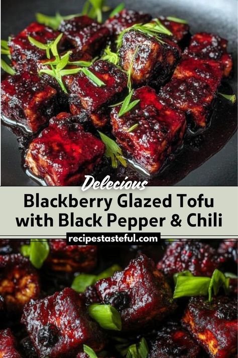 This Blackberry Glazed Tofu with Black Pepper & Chili is a savory and sweet plant-based dish featuring crispy tofu cubes coated in a rich, jammy blackberry glaze with a hint of balsamic vinegar and spice. It’s a unique and flavorful meal ready in just 30 minutes. Blackberry Glaze, Glazed Tofu, Tofu Cubes, Spooky Snacks, How To Press Tofu, Festive Desserts, Crispy Tofu, Veggie Food, Steamed Vegetables