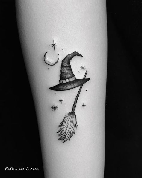 Small Broomstick Tattoo, Broom Tattoo Witch, Wicked Witch Tattoo, Witch Hat Tattoo Ideas, Tiny Witch Tattoo, Witches Hat Tattoo, Witches Broom Tattoo, Salem Tattoo Ideas, Witch Broom Tattoo