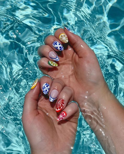 summer citrus slices🍋‍🟩💙🍊🌞 I wore this mani last week for a short little vacay to the beach. I used @lightslacquer polishes for all of the designs + once the citrus nails were fully dry I added @makartt_official 3D painting gel to give them some juicy dimension🍋🩷 save on your LL purchase with code “POP” 🫶🏼🍊 Citrus Nails, Citrus Slices, Nail Pops, 3d Painting, Hair Skin Nails, Beach Design, Gel Nail Designs, Hair Skin, Short Nails