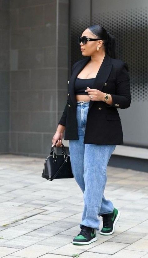 Blazer Jeans And Jordans Outfit, Blazer With Sneakers Women Black Women, Classy Sneaker Outfits Women, Date Night Sneakers Outfit, Blazer And Jeans Outfit Black Women, Casual Spring Outfits Black Women Sneakers, Jeans And Sneakers Outfit Black Women, Blazer Jeans And Sneakers Outfit, Blazer And Jeans Outfit Women Classy