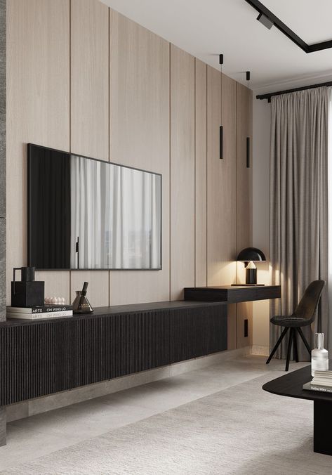 Visualization: Anzhelika Netecha Design: Borodindesign Year: 2022 Shiplap Tv Wall, Tv Unit Wall Design, Under Tv Ideas Wall Mounted Tv, Tv Unit Wall, Tv Wall Decor Living Room, Bedroom Tv Wall, Wall Design Ideas, Wall Unit Designs, Modern Tv Wall Units