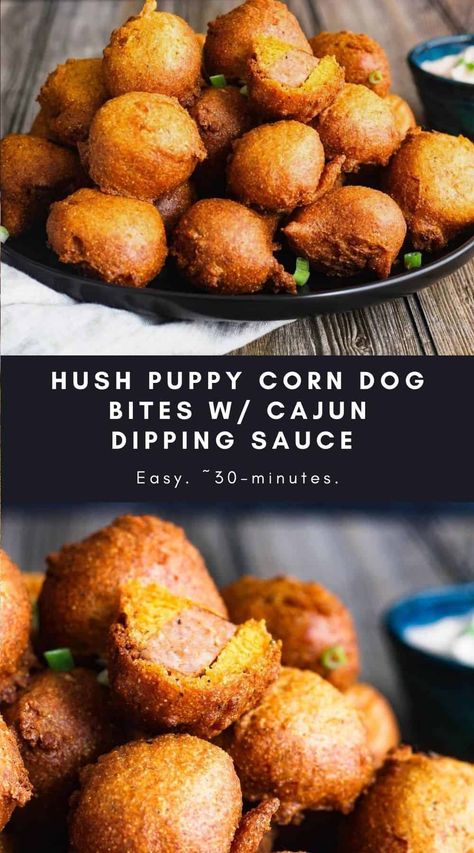 These unique hush puppy corn dog bites are a fun appetizer to share with a crowd. They're packed full of spices, Andouille sausage, and served up with an amazing Cajun seasoned dipping sauce. #hushpuppycorndog #corndogbites #hushpuppies #cajunappetizer #mardigrasrecipe Recipes With Weenies, Best Appetizer Recipes For Parties, Bar Food Appetizers, Fried Sides, Bar Appetizers, Cajun Dipping Sauce, Corn Dog Bites, Exotic Recipes, Hush Puppy