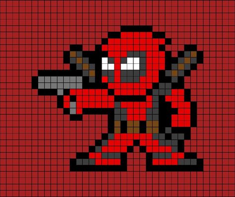 A pixel art template of Deadpool pointing a silver gun. Deadpool And Wolverine Pixel Art, Avengers Pixel Art, Pixel Art Pattern Easy, Easy Pixel Art, Perler Art, Pixel Art Templates, Pixel Drawing, Diy Perler Bead Crafts, Pixel Crochet