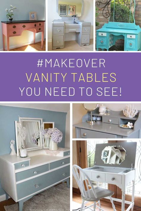 These vanity table makeovers are STUNNING! Love a good upcycle project for the weekend! Painted Antique Vanity Ideas, Vanity Refurbished Diy, Old Vanity Makeover, Upcycle Vanity, Dressing Table Diy, Fun Diy Projects For Home, Diy Makeup Vanity Table, Vanity Redo, Diy Vanity Table