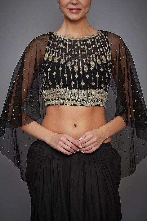 Lehenga Blouse Styles, Black Saree Blouse, Cape Blouse, Embroidered Cape, Saree Blouses Online, Lehenga Blouse Designs, Ritu Kumar, Embellished Skirt, Blouse Designs Indian