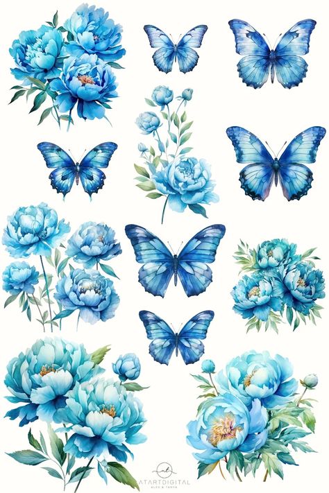 Blue Flowers Printable Stickers, Blue Butterfly Design, Butterfly Stickers Free Printable, Flowers And Butterflies Drawing, Blue Flowers Stickers, Blue Butterfly Printable, Blue Flower Drawing, Blue Flower Sticker, Blue Flower Clipart