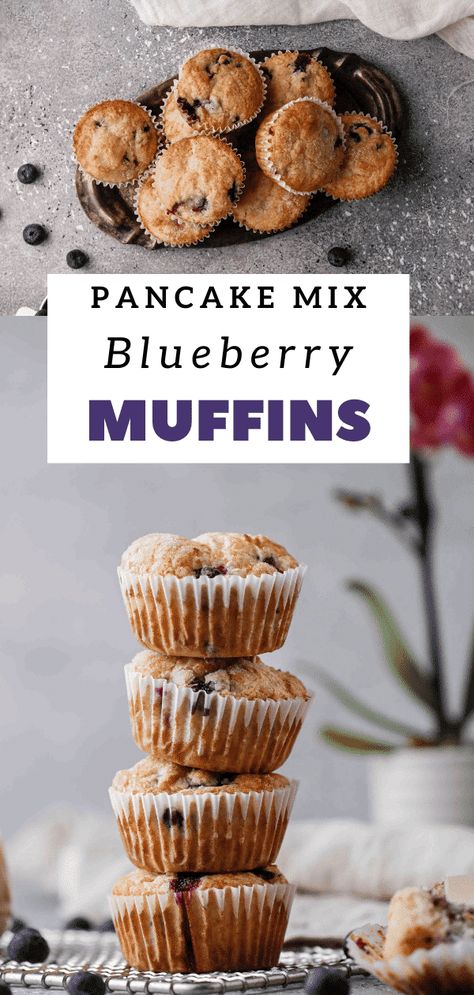 These blueberry muffins are made with pancake mix to make your breakfasts that much easier! Pancake Mix Blueberry Muffins, Pancake Mix Muffins Recipe, Fluffy Blueberry Muffins, Pancake Mix Muffins, Krusteaz Pancake Mix, On The Go Breakfast, Blueberry Pancake, Fresh Breakfast, Pumpkin Chocolate Chip Muffins