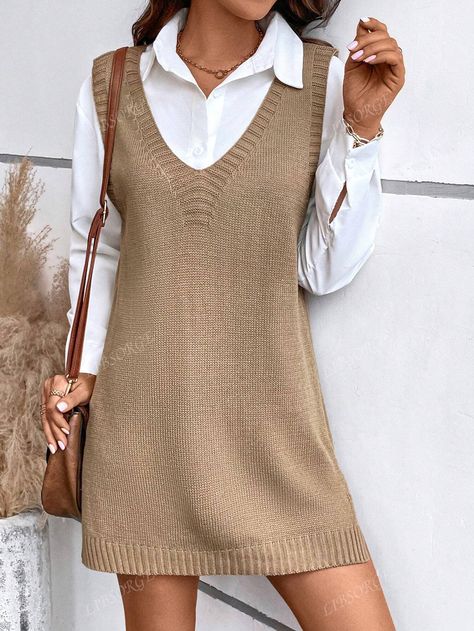 Women's Casual Solid Color Long Knitted Sweater Vest, Spring/AutumnI discovered amazing products on SHEIN.com, come check them out! Long Sweater Vest, Sleeveless Sweater Dress, Long Knit Cardigan, Gilet Long, Sweater Vest Women, Long Pullover, Khaki Dress, Knit Sweater Dress, Sweater Women